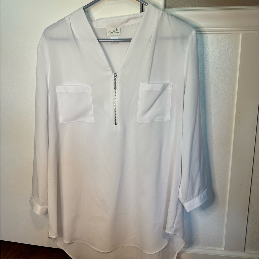 Stylish White V-Neck Blouse with Zip Detail